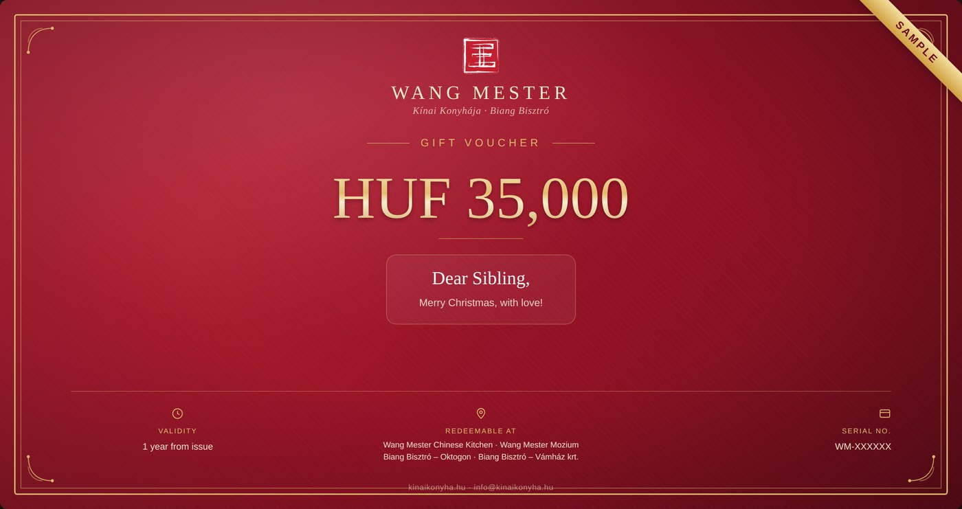 Sample gift voucher – Wang Mester Chinese Kitchen, HUF 35,000