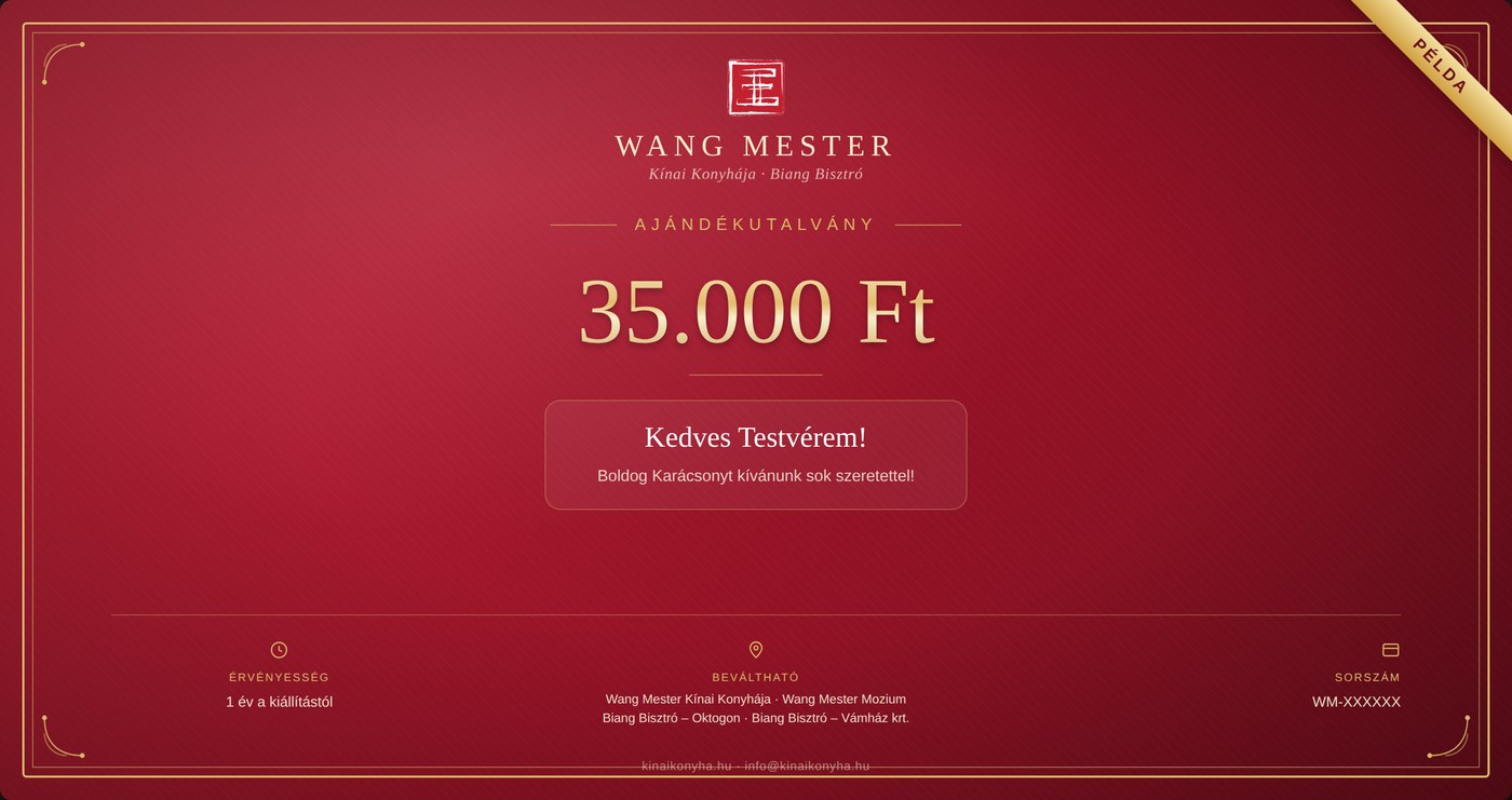 Minta ajándékutalvány – Wang Mester Kínai Konyhája, 35.000 Ft